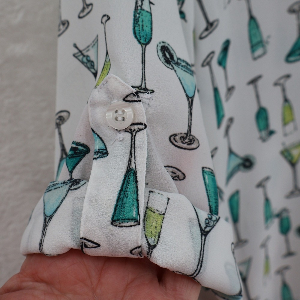 New York & Company Cocktail Print Button Top Womens Size M White Roll Tab Sleeve - Picture 3 of 12